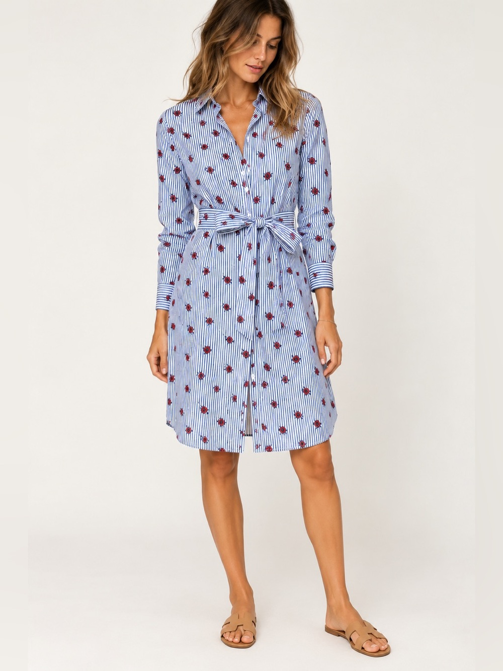 Brooks Brothers Red Fleece Rose Floral Striped Belted Shirt Dress Size 4